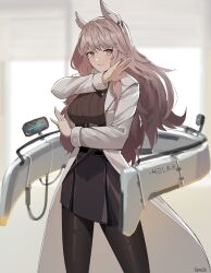Rule 34 | 1girl, absurdres, artist name, black pantyhose, black skirt, breasts, brown eyes, brown hair, brown sweater, coat, commentary, gar32, girls&#039; frontline, girls&#039; frontline neural cloud, highres, long hair, long sleeves, looking at viewer, pantyhose, persicaria (neural cloud), skirt, smile, solo, steins;gate, sweater, symbol-only commentary, white background, white coat