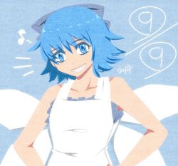 Rule 34 | circled 9, 1girl, alternate costume, aoshima, bare shoulders, blue eyes, blue hair, bow, cirno, dress, grin, hair bow, lips, looking at viewer, matching hair/eyes, md5 mismatch, musical note, resized, short hair, smile, solo, touhou, white dress, wings