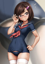 Rule 34 | 1girl, adapted uniform, adjusting eyewear, artist name, black sailor collar, blurry, blurry background, bob cut, breasts, brown eyes, brown hair, cowboy shot, depth of field, flying sweatdrops, furrowed brow, glasses, hair ornament, hairclip, hand on own hip, hand on own face, highres, looking at viewer, midriff peek, neckerchief, old school swimsuit, one-piece swimsuit, original, red neckerchief, rimless eyewear, rohitsuka, sailor collar, school swimsuit, school swimsuit flap, school uniform, self-portrait, serafuku, short hair, signature, skindentation, small breasts, smile, solo, sweatdrop, swept bangs, swimsuit, thighhighs, white thighhighs, zoom layer