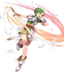Rule 34 | 1girl, armor, belt, boots, breastplate, dress, earrings, feathers, fee (fire emblem), fire emblem, fire emblem: genealogy of the holy war, fire emblem heroes, full body, gold trim, green eyes, grey hair, headband, highres, holding, holding sword, holding weapon, jewelry, leg up, nintendo, non-web source, official art, open mouth, sheath, sheathed, short dress, short hair, short sleeves, shoulder armor, slashing, solo, swinging, sword, teeth, transparent background, upper teeth only, very short hair, weapon, white background, white footwear, white headband, yuko (uc yuk)