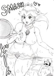 Rule 34 | 1boy, 1girl, blonde hair, blue eyes, breasts, covered erect nipples, facial hair, highres, large breasts, legs, long hair, mario, mario (series), mario tennis, monochrome, mustache, nintendo, open mouth, overalls, panties, ponytail, princess, princess peach, racket, smile, surprised, tennis racket, thick thighs, thighs, tonsuke, tonsuke (ninnindo), traditional media, underwear