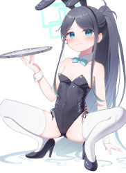 Rule 34 | 1girl, absurdres, animal ears, aqua halo, aris (blue archive), black footwear, black hair, black leotard, blue archive, blue bow, blue bowtie, blue eyes, blue halo, blush, bow, bowtie, breasts, closed mouth, commentary request, covered navel, detached collar, fake animal ears, full body, halo, high heels, highleg, highleg leotard, highres, holding, holding tray, leotard, long hair, parted bangs, partial commentary, playboy bunny, ponytail, rabbit ears, rectangular halo, side-tie leotard, sidelocks, simple background, small breasts, solo, spread legs, squatting, strapless, strapless leotard, takeroku, thighhighs, tray, very long hair, white background, white thighhighs