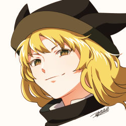 Rule 34 | 1girl, 2017, black hat, blonde hair, brown eyes, brown hat, closed mouth, colored eyelashes, dated, eyebrows, eyelashes, hat, long hair, matara okina, multicolored clothes, multicolored hat, portrait, shikido (khf), simple background, smile, solo, touhou, upper body, white background