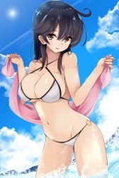 Rule 34 | 10s, 1girl, ahoge, bad id, bad twitter id, bikini, black hair, breasts, brown eyes, collarbone, day, dutch angle, hair between eyes, halterneck, highres, kantai collection, large breasts, long hair, looking at viewer, navel, o-ring, o-ring bikini, o-ring bottom, parted lips, partially submerged, pink towel, skindentation, solo, splashing, standing, sunlight, swimsuit, towel, ushio (kancolle), wading, white bikini, youkan (mattya youkan)