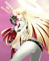 Rule 34 | 1girl, absurdres, ahoge, arc system works, ass, belt, blonde hair, bodysuit, breasts, cameltoe, from behind, gloves, guilty gear, guilty gear xrd, guilty gear xrd: revelator, halo, highres, jack-o&#039; valentine, long hair, looking at viewer, mask, unworn mask, multicolored hair, open mouth, pantylines, red eyes, red hair, sideboob, smile, solo, very long hair, yomitrooper