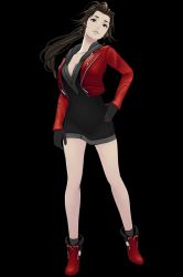 Rule 34 | 3d, ai: the somnium files, brown eyes, brown hair, dress, gloves, hand on own hip, highres, jacket, boss (ai the somnium files), official art, ponytail, short dress, smile, solo, standing, transparent background