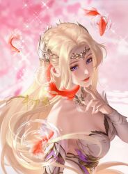 Rule 34 | 1girl, absurdres, bare shoulders, blonde hair, blue eyes, closed mouth, detached sleeves, douluo dalu, dress, hair ornament, highres, index finger raised, koi, long hair, long sleeves, naglus, qian renxue (douluo dalu), ripples, second-party source, smile, solo, sparkle, upper body, white dress