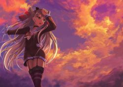Rule 34 | 10s, 1girl, amatsukaze (kancolle), choker, clenched hand, cloud, cloudy sky, cowboy shot, dress, garter straps, gloves, hair tubes, hand to head, kantai collection, lifebuoy, long hair, long sleeves, looking to the side, open mouth, orange sky, outstretched hand, sailor collar, sailor dress, school uniform, serafuku, short dress, silver hair, single glove, sky, solo, sorano eika, striped clothes, striped thighhighs, sunset, swim ring, thighhighs, two side up, very long hair, white gloves, yellow eyes, zettai ryouiki