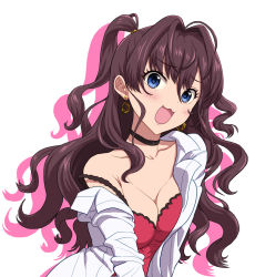 Rule 34 | 10s, 1girl, :3, :d, ahoge, blue eyes, blush, breasts, brown hair, choker, cleavage, earrings, ichinose shiki, idolmaster, idolmaster cinderella girls, jewelry, kezune (i- -i), long hair, long sleeves, looking at viewer, medium breasts, open mouth, shirt, simple background, smile, solo, strap slip, upper body, white background, white shirt