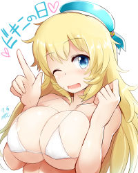Rule 34 | 10s, 1girl, ;), ;d, atago (kancolle), bikini, bikini top only, blonde hair, blue eyes, breasts, hat, heart, index finger raised, kantai collection, large breasts, long hair, mizuyan, one eye closed, open mouth, simple background, smile, solo, swimsuit, translated, white background