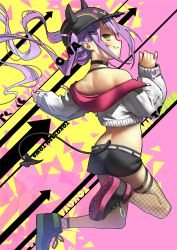 Rule 34 | 1girl, arrow (symbol), ass, back, baseball cap, belt, black choker, black footwear, black hat, black shorts, black thighhighs, blush, character name, choker, commentary, cropped jacket, cross-laced footwear, demon tail, ear piercing, english text, eyelashes, fake horns, fishnet thighhighs, fishnets, from behind, full body, green eyes, grin, halterneck, hat, highres, hololive, horned headwear, horns, jacket, jumping, long hair, looking at viewer, looking back, midriff, multicolored hair, off-shoulder jacket, off shoulder, piercing, pink background, pink hair, purple hair, shoes, short shorts, shorts, sleeves past wrists, smile, sneakers, solo, streaked hair, sumi (oyasumie), tail, thigh strap, thighhighs, thighs, tokoyami towa, twintails, two-tone background, two-tone hair, virtual youtuber, white jacket, yellow background