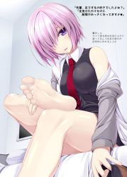 Rule 34 | 1girl, barefoot, bed, bed sheet, breasts, fate/grand order, fate (series), feet, fingernails, foot focus, hair over one eye, holding shoe, impossible clothes, impossible shirt, jacket, leg up, long sleeves, looking at viewer, mash kyrielight, medium breasts, necktie, no shoes, off shoulder, on bed, open mouth, pillow, pink hair, purple eyes, red necktie, ruton-niki, shiny skin, shirt, shoes, unworn shoes, short hair, sitting, sleeveless, smile, soles, solo, toes, translation request