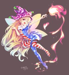 Rule 34 | 1girl, ;d, american flag dress, american flag legwear, arm up, artist name, blonde hair, blue dress, blue pantyhose, chikuwa savy, clownpiece, commentary request, dress, fairy wings, full body, grey background, hair between eyes, hand up, hat, head tilt, heart, holding, holding torch, jester cap, long hair, looking at viewer, neck ruff, no shoes, one eye closed, open mouth, pantyhose, polka dot, polka dot headwear, purple hat, red dress, red eyes, red pantyhose, short dress, short sleeves, simple background, smile, solo, star (symbol), star print, striped clothes, striped dress, striped pantyhose, torch, touhou, twitter username, very long hair, white dress, white pantyhose, wings