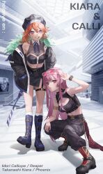 Rule 34 | 2girls, absurdres, alternate costume, arm up, armlet, bare shoulders, belt, belt buckle, black belt, black footwear, black headwear, black jacket, black pants, black skirt, blue footwear, blue ribbon, blurry, blurry background, boots, bracelet, breast pocket, breasts, bridge, buckle, chain, character name, cleavage, cleavage cutout, closed mouth, clothes writing, clothing cutout, collar, colored tips, commentary, copyright name, crop top, curled fingers, depth of field, dress, english text, expressionless, eyewear on head, floor, full body, fur-trimmed jacket, fur trim, green hair, grey background, grin, hair between eyes, hand on own knee, handrail, hands in pockets, hat, high heel boots, high heels, highres, hololive, hololive english, horns, indoors, jacket, jewelry, jyuma, knee boots, kneehighs, leaning forward, light blush, light particles, long hair, long sleeves, looking at viewer, mall, medium breasts, medium hair, midriff, mori calliope, multicolored hair, multiple girls, navel, neck ribbon, o-ring, o-ring thigh strap, open clothes, open hand, open jacket, open mouth, orange hair, pants, pink-tinted eyewear, pink hair, pocket, purple eyes, red eyes, ribbon, see-through, see-through shirt, shadow, shirt, side slit, skirt, sleeveless, sleeveless shirt, smile, socks, spiked bracelet, spiked collar, spiked footwear, spikes, squatting, stairs, standing, standing on one leg, sunglasses, takanashi kiara, thigh strap, tinted eyewear, tsurime, two-tone hair, very long hair, virtual youtuber, wall, wing collar