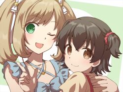 Rule 34 | 2girls, akagi miria, bare shoulders, black hair, blonde hair, blue bow, blue bowtie, blush, bow, bowtie, brown eyes, chihiro (chihiro3399), closed mouth, collarbone, dot nose, green background, green eyes, hair bow, hair ornament, hair ribbon, hair scrunchie, hands up, idolmaster, idolmaster cinderella girls, idolmaster cinderella girls starlight stage, index finger raised, jewelry, long hair, looking at viewer, looking back, multiple girls, necklace, one eye closed, open mouth, red scrunchie, ribbon, sato shin, scrunchie, shirt, short hair, short sleeves, smile, twintails, two side up, upper body, white ribbon, yellow shirt