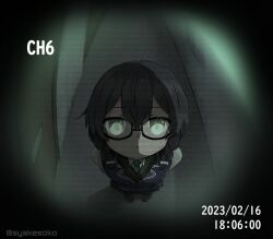 Rule 34 | 1girl, arms behind back, black hair, blazer, blue jacket, border, braid, cevio, closed eyes, dated, expressionless, foreshortening, from above, glasses, green eyes, hallway, hanakuma chifuyu, horror (theme), indoors, jacket, looking at viewer, night, pleated skirt, pov, round border, scanlines, school uniform, skirt, solo, standing, staring, syakesoko, synthesizer v, twin braids, twitter username