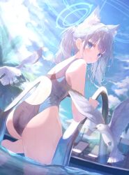 Rule 34 | 1girl, amamiya akari (amamiya 1007), animal ear fluff, animal ears, ass, back, bare shoulders, barefoot, bird, blue archive, blue eyes, blue halo, blue sky, blush, bright pupils, closed mouth, cloud, commentary request, competition swimsuit, cowboy shot, cumulonimbus cloud, day, earrings, extra ears, eyelashes, foot up, from behind, hair between eyes, halo, happy, highres, jewelry, leaning forward, lens flare, looking at viewer, looking back, medium hair, mismatched pupils, one-piece swimsuit, outdoors, ponytail, pool, poolside, shiroko (blue archive), shiroko (swimsuit) (blue archive), sidelighting, sidelocks, sky, smile, solo, stud earrings, sunlight, swimsuit, tsurime, water, white bird, wolf ears