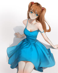 Rule 34 | 1girl, absurdres, arm support, bare shoulders, blue dress, blue eyes, brown hair, dress, female focus, freckles, hair ornament, highres, interface headset, long hair, looking to the side, mawaw, neon genesis evangelion, shiny skin, simple background, sitting, solo, souryuu asuka langley, standing, twintails, very long hair, white background