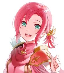 Rule 34 | 1girl, arrow (projectile), fire emblem, fire emblem: mystery of the emblem, fire emblem heroes, green eyes, hair ornament, menoko, nintendo, norne (fire emblem), open mouth, quiver, red hair, simple background, solo, upper body, white background