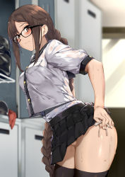 Rule 34 | 1girl, alternate costume, black-framed eyewear, black skirt, black thighhighs, blouse, blurry, blurry background, blush, braid, braided ponytail, breasts, brown eyes, brown hair, cameltoe, closed mouth, clothes lift, contemporary, cowboy shot, depth of field, fate/grand order, fate (series), from side, glasses, hands on own hips, highres, indoors, lifting own clothes, locker, locker room, long hair, looking at viewer, looking to the side, medium breasts, naha78, panties, pleated skirt, school uniform, see-through, serafuku, shirt, short sleeves, side-tie panties, side-tie peek, sidelocks, single braid, skindentation, skirt, skirt lift, solo, standing, sweat, thick thighs, thighhighs, thighs, underwear, very long hair, wet, white shirt, yu mei-ren (fate), yu mei-ren (first ascension) (fate)