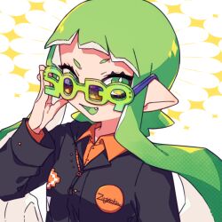 Rule 34 | 1girl, adjusting eyewear, badge, black jacket, collared shirt, commentary, eyelashes, fang, glasses, green-framed eyewear, green eyes, green hair, inkling, inkling girl, inkling player character, inuowour, jacket, long hair, nintendo, novelty glasses, open mouth, orange shirt, pointy ears, shirt, solo, splatoon (series), symbol-only commentary, white background, zipper, zipper pull tab