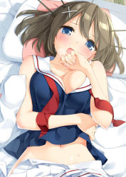 Rule 34 | 1girl, ascot, blue eyes, blush, breasts, breath, brown hair, cleavage, futon, hair ornament, hairclip, headgear, kani biimu, kantai collection, large breasts, looking at viewer, lying, maya (kancolle), midriff peek, navel, on back, open clothes, open mouth, open skirt, pillow, school uniform, shirt, short hair, skirt, sleeveless, sleeveless shirt, solo, sweat, untied, upper body