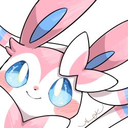 Rule 34 | blue eyes, blush, closed mouth, commentary request, creature, creatures (company), game freak, gen 6 pokemon, highres, looking at viewer, nintendo, no humans, peeking out, pokemon, pokemon (creature), signature, smile, solo, surumeika (ninfiiiir), sylveon