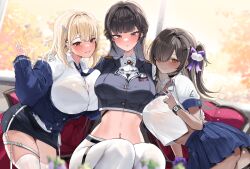 3girls absurdres ascot ass black_hair blonde_hair blue_cardigan blue_necktie blue_skirt blunt_bangs blush breasts button_gap cardigan collarbone collared_shirt commentary couch crop_top cropped_jacket cropped_shirt dark-skinned_female dark_skin dazzling_pearl_(nikke) epaulettes goddess_of_victory:_nikke grin gurami_(zangizarang) gyaru hair_between_eyes hair_intakes highres huge_breasts jacket jewelry kogal large_breasts leaf leaning_forward long_hair looking_at_viewer loose_necktie marciana_(nikke) midriff military_jacket miniskirt multiple_girls multiple_rings naga_(nikke) name_tag navel navel_piercing necktie pants partially_unbuttoned piercing pinstripe_pattern pinstripe_skirt pleated_skirt ring school_uniform scrunchie shirt sidelocks sitting skindentation skirt sleeves_past_wrists smile spike_piercing striped_necktie symbol-only_commentary taut_jacket thigh_strap thighhighs tia_(nikke) tight_clothes tight_pants upskirt v white_ascot white_pants white_shirt window wrist_scrunchie wristband