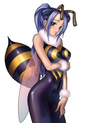 Rule 34 | 1girl, :3, alternate costume, antennae, arthropod girl, bare shoulders, bee girl, blue eyes, blue hair, blush, breast hold, breasts, capcom, cosplay, crossover, insect girl, kagami hirotaka, long hair, looking at viewer, matching hair/eyes, monster girl, nefertari vivi, one piece, pantyhose, q-bee, q-bee (cosplay), simple background, solo, standing, vampire (game), white background, wings