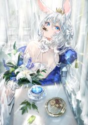 Rule 34 | 1girl, animal ears, blue eyes, blue flower, bouquet, commentary, cookie, crown, cup, curtains, cushion, dress, flower, food, food in mouth, gawako, highres, holding, holding bouquet, indoors, leaf, long hair, looking at viewer, mini crown, on chair, original, plate, rabbit ears, sitting, solo, strapless, strapless dress, symbol-only commentary, teacup, white dress, white flower, white hair