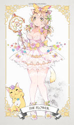 Rule 34 | 1girl, :3, :o, ^ ^, animal ears, back bow, blush stickers, border, bow, breasts, cat, cat ears, cat tail, character name, cleavage, closed eyes, dress, english text, flower, flower necklace, full body, grey border, hair bow, hair flower, hair ornament, hand on own cheek, hand on own face, highres, jewelry, kunikida hanamaru, lace, lace-trimmed legwear, lace trim, large breasts, light brown hair, love live!, love live! school idol festival, love live! sunshine!!, maneki-neko, necklace, qianqian, ribbon, ring, sandals, sash, see-through, solo, staff, strapless, strapless dress, tail, thighhighs, white dress, wrist bow, wrist flower, wrist ribbon, yellow bow, yellow eyes