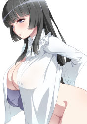 Rule 34 | 10s, 1girl, bang dream!, black bra, black hair, blue eyes, blunt bangs, blush, bra, breasts, cleavage, closed mouth, frilled shirt, frills, from side, groin, highres, large breasts, leaning forward, long hair, long sleeves, looking away, looking down, naked shirt, no bra, no panties, open clothes, open shirt, sakamata (sakamata4), shirokane rinko, shirt, simple background, solo, underwear, undressing, very long hair, white background, white shirt