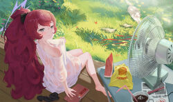 Rule 34 | 1girl, bare legs, barefoot, black socks, blue archive, blush, book, cat, cup, day, dress, dress tug, drinking straw, electric fan, evenso., food, from behind, fruit, grass, grey eyes, halo, highres, hot, iroha (blue archive), long hair, looking at viewer, looking back, mug, off shoulder, outdoors, red hair, sidelocks, sitting, smile, snack, socks, summer, sundress, sunlight, sweat, sweaty clothes, table, unworn socks, watermelon, watermelon slice, white dress