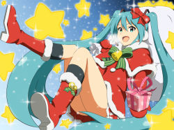 Rule 34 | 10s, 1girl, aqua eyes, aqua hair, art shift, bad id, bad pixiv id, bell, boots, bow, christmas, earmuffs, gift, hair bow, hatsune miku, idolmaster, idolmaster (classic), idolmaster 2, long hair, mittens, open mouth, red mittens, sack, santa costume, sitting, skirt, solo, travesters, twintails, very long hair, vocaloid