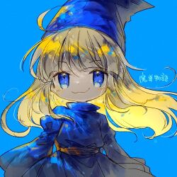 Rule 34 | 1girl, :3, blonde hair, blue background, blue hat, blue robe, closed mouth, copyright name, cowboy shot, hat, long hair, long sleeves, looking at viewer, lowres, madou monogatari, puyopuyo, rakuni, robe, simple background, smile, solo, straight-on, wide sleeves, witch (puyopuyo)