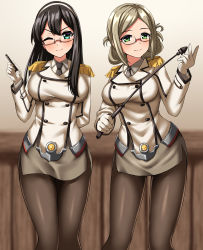 Rule 34 | 2girls, absurdres, alternate breast size, aqua eyes, black hair, black pantyhose, blue eyes, breasts, buttons, commission, cosplay, double-breasted, epaulettes, folded ponytail, glasses, gloves, green eyes, grey skirt, hairband, highres, jacket, kantai collection, katori (kancolle), katori (kancolle) (cosplay), large breasts, light brown hair, long hair, medium breasts, military, military uniform, miniskirt, multiple girls, one eye closed, ooyodo (kancolle), ooyodo kai (kancolle), pantyhose, parted bangs, pencil skirt, pixiv commission, pointer, riding crop, skirt, standing, uniform, white gloves, white hairband, white jacket, zanntetu