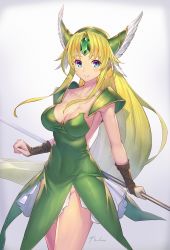 Rule 34 | 1girl, armor, blonde hair, blue eyes, blush, breasts, cleavage, collarbone, covered navel, cowboy shot, dress, forehead jewel, gradient background, green dress, helmet, highres, holding, holding weapon, large breasts, long hair, looking at viewer, low-tied long hair, pauldrons, polearm, riesz, seiken densetsu, seiken densetsu 3, shoulder armor, sidelocks, signature, smile, solo, takamine nadare, very long hair, weapon, wrist guards