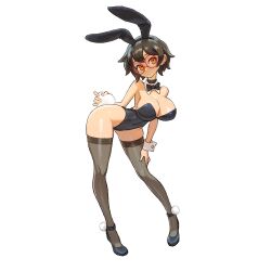 1girl animal_ears black_bow black_bowtie black_footwear black_leotard bow bowtie breasts brown_hair brown_thighhighs cleavage collar dattosan detached_collar glasses highres huge_breasts leotard looking_at_viewer orange_eyes original playboy_bunny rabbit_ears rabbit_tail red-framed_eyewear round_eyewear see-through_clothes see-through_thighhighs short_hair simple_background strapless strapless_leotard tail thighhighs white_background white_collar white_wrist_cuffs wrist_cuffs