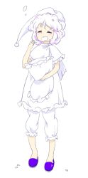 Rule 34 | 1girl, bloomers, cherry blossoms, dress, full body, hand up, hat, holding, holding pillow, letty whiterock, nightcap, nonamejd, official style, open mouth, petals, pillow, purple footwear, short hair, simple background, slippers, solo, standing, touhou, underwear, white background, white bloomers, white dress, white hair, white hat, yawning, zun (style)