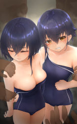 Rule 34 | 2girls, asymmetrical hair, bare arms, bare legs, bare shoulders, black hair, black one-piece swimsuit, blush, breasts, cleavage, clenched teeth, closed mouth, collarbone, closed eyes, hair between eyes, highres, i-13 (kancolle), i-14 (kancolle), kantai collection, multiple girls, one-piece swimsuit, school swimsuit, short hair, swimsuit, teeth, terebi-, yellow eyes