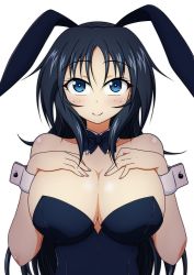 Rule 34 | 1girl, animal ears, black bow, black bowtie, black leotard, blue eyes, blue hair, bow, bowtie, breasts, cleavage, closed mouth, commentary, detached collar, fake animal ears, freckles, girls und panzer, hands on own chest, izumi (izumi p), large breasts, leotard, long hair, looking at viewer, playboy bunny, rabbit ears, simple background, smile, solo, strapless, strapless leotard, upper body, white background, wing collar, wrist cuffs, yamagou ayumi