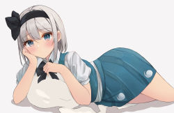 Rule 34 | 1girl, black bow, black bowtie, black hairband, blue eyes, blue skirt, blue vest, blush, bow, bowtie, closed mouth, collared shirt, ghost, ghost print, grey background, grey hair, hair between eyes, hairband, hand on own face, hands up, highres, hitodama, hitodama print, konpaku youmu, konpaku youmu (ghost), looking at viewer, lying, miniskirt, myon (phrase), on side, puffy short sleeves, puffy sleeves, sakuramochi usa, shadow, shirt, short hair, short sleeves, simple background, skirt, solo, touhou, vest, white shirt