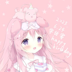 Rule 34 | 1girl, 1other, ahoge, animal, animal ears, animal on head, blush, braid, cake, dated, dog, dog ears, dog girl, eye mask, food, hair ornament, hairclip, happy birthday, highres, indie virtual youtuber, long hair, on head, onlylovechino, open mouth, pink eyes, pink hair, pink shirt, plate, shirt, smile, usagi nono, very long hair, virtual youtuber