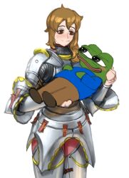 Rule 34 | 1boy, 1girl, 4chan, absurdres, apu apustaja, armor, ashbie the aspie girl, bad id, bad twitter id, boy&#039;s club, breastplate, brown eyes, brown hair, carrying, chainmail, closed mouth, greaves, hair over shoulder, highres, pepe the frog, princess carry, simple background, smile, standing, wass nonnam, white background