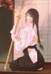 Rule 34 | 1girl, beads, black hair, black hakama, braid, braided ponytail, branch, closed mouth, commentary, english commentary, eyeliner, from side, full body, hakama, hand up, highres, hip vent, holding, holding sword, holding weapon, japanese clothes, long hair, long sleeves, looking at viewer, looking to the side, makeup, on floor, plant, raging loop, red eyes, red lips, seiza, serizawa chiemi, shadow, shinai, sidelocks, single braid, sitting, sliding doors, solo, sword, twitter username, weapon, wengwengchim, wooden sword