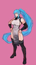 Rule 34 | 1girl, abs, absurdres, blue hair, boots, breasts, china dress, chinese clothes, clenched hands, dragon, dress, eastern dragon, elbow sleeve, frown, highres, long hair, muscular, muscular female, original, pink background, ponytail, sethkiel, sideboob, solo, thick thighs, thighhighs, thighs, turtleneck