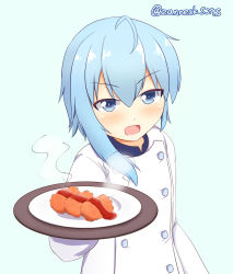Rule 34 | 1girl, alternate costume, asymmetrical hair, blue background, blue eyes, blue hair, chef, commentary request, croquette, fang, highres, kantai collection, looking at viewer, minazuki (kancolle), one-hour drawing challenge, open mouth, plate, school uniform, serafuku, simple background, skin fang, solo, twitter username, upper body, zanne