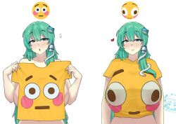 Rule 34 | !, 2girls, breasts, commentary, emoji, flushed face emoji, flushed face emoji shirt (meme), frog hair ornament, green eyes, green hair, hair ornament, heart, holding, holding clothes, holding shirt, huge breasts, kochiya sanae, long hair, looking at viewer, meme, moriya suwako, multiple girls, omikami, shirt, simple background, snake hair ornament, solo focus, touhou, upper body, white background, yellow shirt