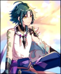 Rule 34 | 1boy, ahoge, arm tattoo, armor, asymmetrical clothes, bead necklace, beads, black gloves, black hair, blurry, closed mouth, detached sleeves, diamond (shape), eyeshadow, facial mark, forehead mark, genshin impact, gloves, green gloves, green hair, highres, jewelry, kouzuki (kuzk 0512), makeup, male focus, multicolored hair, necklace, parted bangs, pendant, red eyeshadow, short hair, short hair with long locks, shoulder armor, shoulder pads, shoulder spikes, sidelocks, single bare shoulder, single detached sleeve, sitting, smile, solo, spikes, tassel, tattoo, two-tone hair, wide sleeves, xiao (genshin impact), yellow eyes