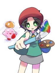 Rule 34 | 1girl, 1other, adeleine, closed eyes, green eyes, green shirt, hat, highres, holding, holding paintbrush, holding palette, kirby, kirby (series), kirby 64, looking at viewer, nintendo, open mouth, paintbrush, palette (object), red headwear, shin16, shirt, short hair, simple background, white background